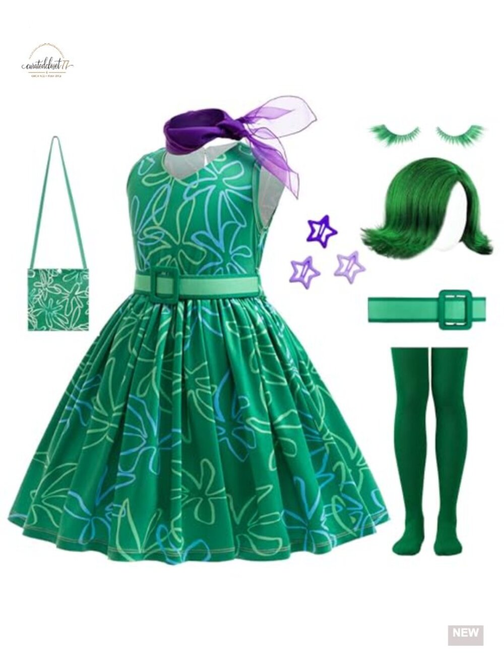 Girls Green Costume Cosplay Dress Up Halloween Outfit Set with Wig 10pc